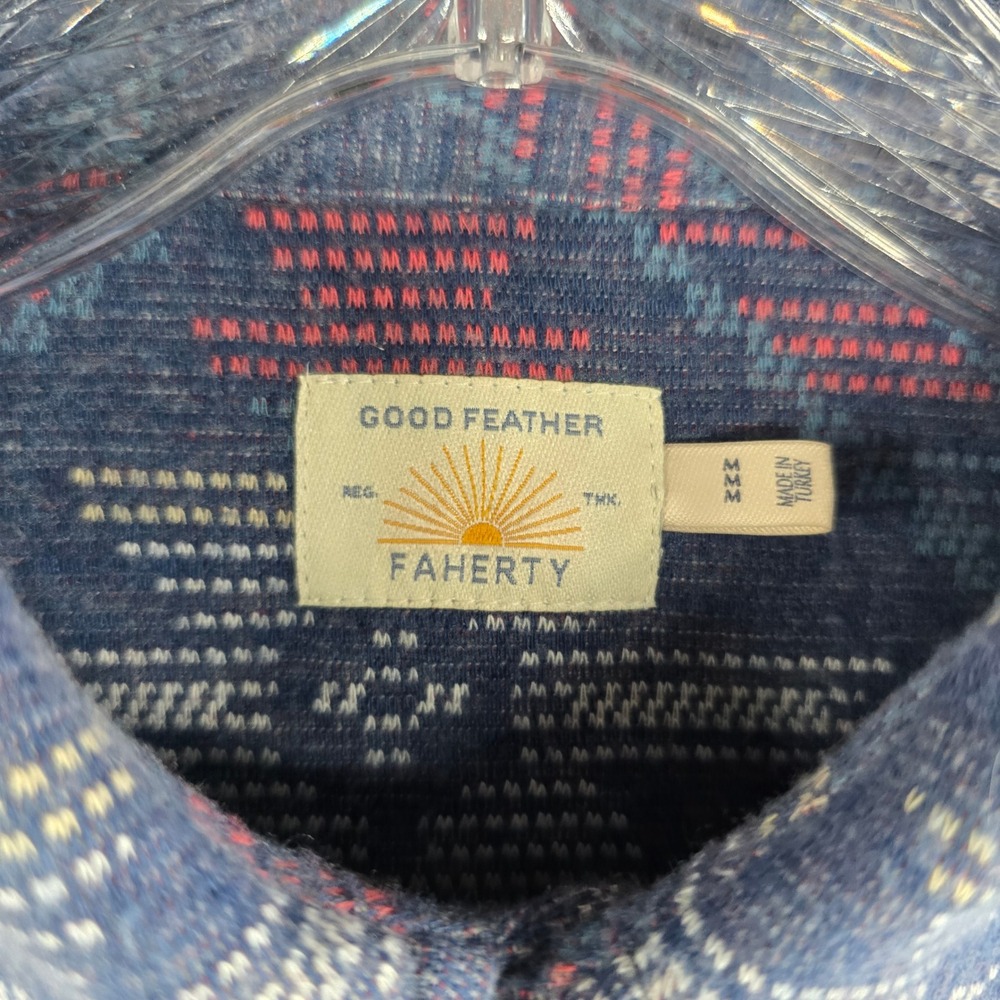 Faherty Good Feather Shirt Mens Medium Blue Aztec Southwestern Knit Button Down - Picture 2 of 7